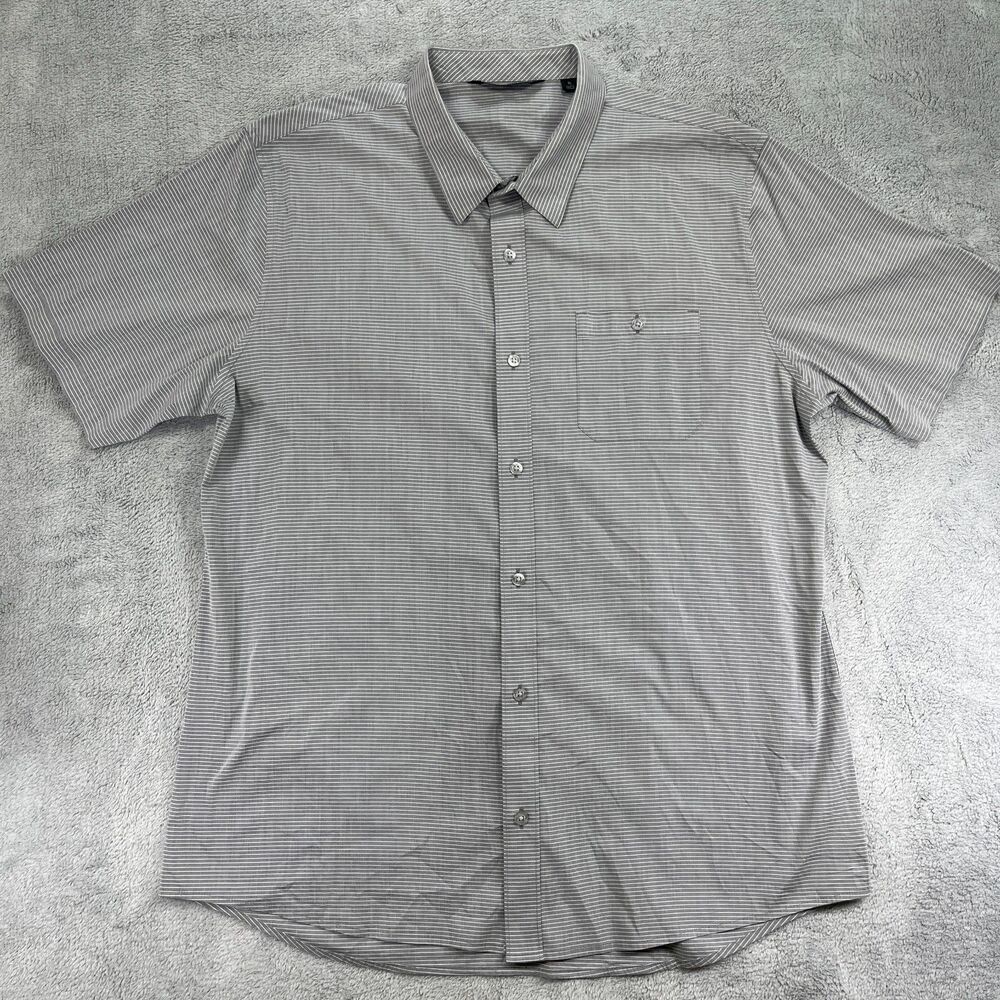 Travis Mathew Shirt Mens XL Gray White Striped Cotton Stretch‎ Pleated Button Up